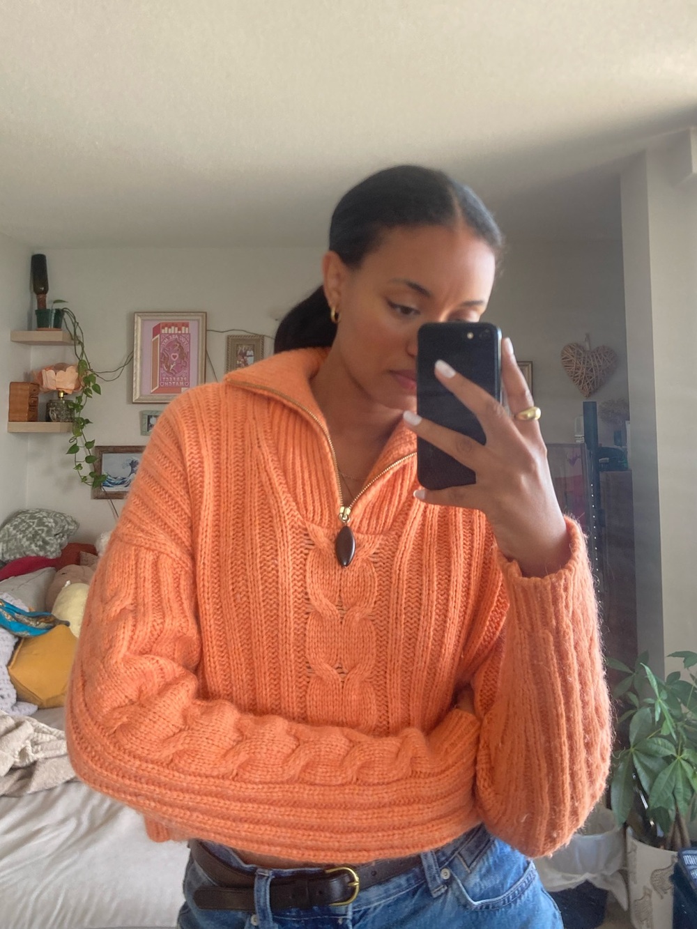 Nanushka Cropped Eria Cable-Knit Turtleneck Sweater in Orange